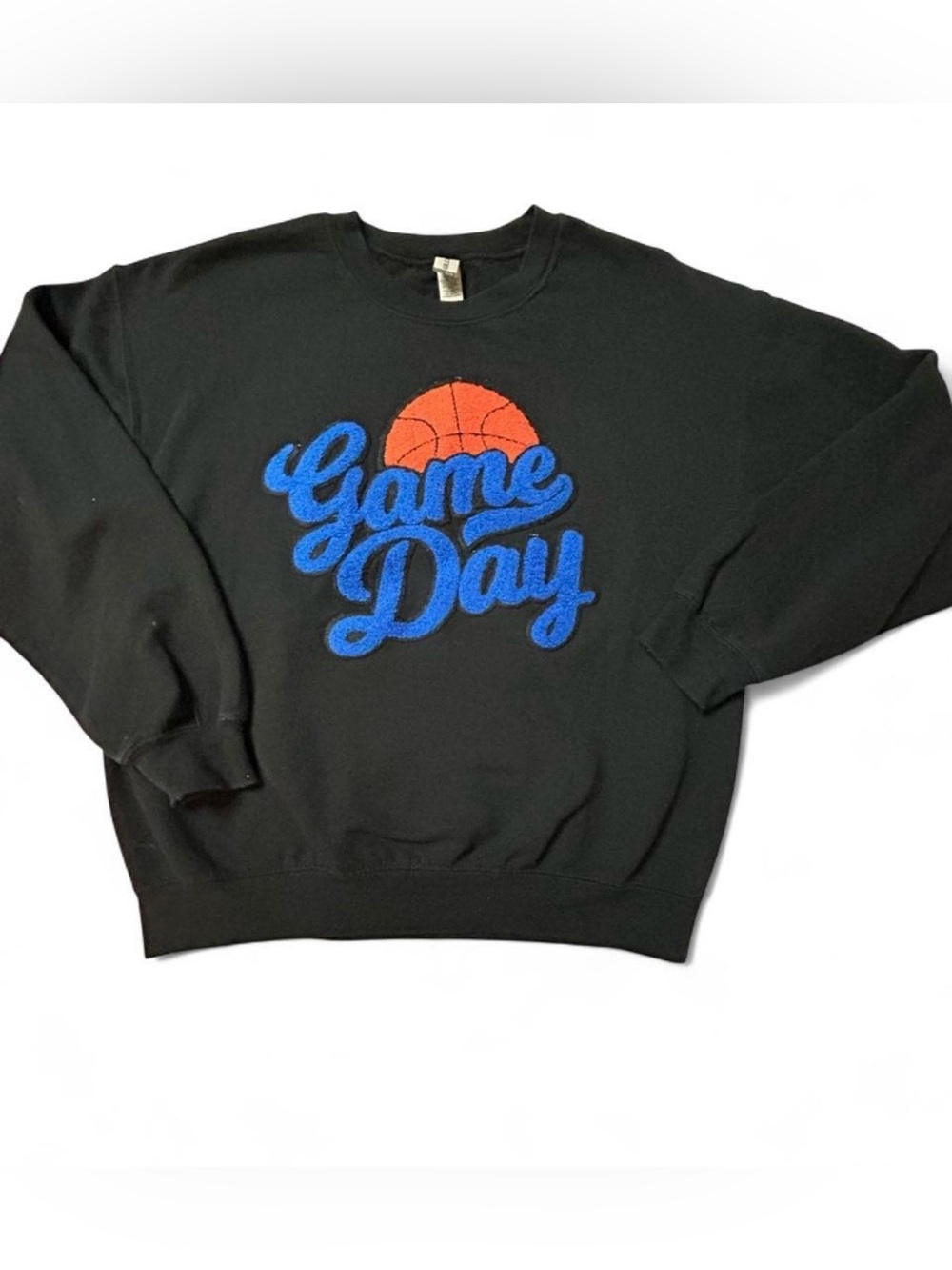 Gildan Black Sweatshirt with Blue Script and Orange Basketball Graphic